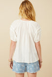 HY7252W Off White Plus Tasseled Pleated Sleeve Crochet Textured Top Back