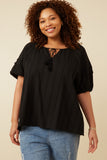 HY7252 Black Womens Tasseled Pleated Sleeve Crochet Textured Top Gif