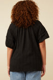 HY7252 Black Womens Tasseled Pleated Sleeve Crochet Textured Top Full Body
