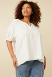 HY7252 Off White Womens Tasseled Pleated Sleeve Crochet Textured Top Front