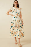 HY7253 Cream Womens Large Floral Dropped Pleated Skirt Soft Stain Dress Full Body