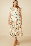 HY7253W Cream Plus Large Floral Dropped Pleated Skirt Soft Satin Dress Full Body
