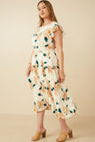HY7253W Cream Plus Large Floral Dropped Pleated Skirt Soft Satin Dress Front