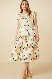 HY7253W Cream Plus Large Floral Dropped Pleated Skirt Soft Satin Dress Back