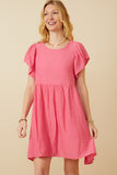 HY7260W Pink Plus Puff Sleeve Textured Dress Front