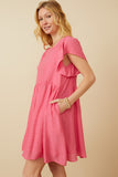 HY7260 Pink Womens Puff Sleeve Textured Dress Back