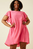 HY7260 Pink Womens Puff Sleeve Textured Dress Front