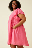 HY7260W Pink Plus Puff Sleeve Textured Dress Back