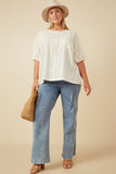 HY7263W Ivory Womens Textured Knit Drop Shoulder Pocket Tee Gif