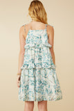 HY7282W Teal Plus Crushed Satin Textured Ruffled Botnical Print Dress Side