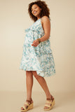HY7282 Teal Womens Crushed Satin Textured Ruffled Botnical Print Dress Side