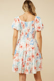 HY7284 Off White Womens Textured Romantic Floral Smocked Puff Sleeve Dress Detail