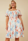 Womens Textured Romantic Floral Smocked Puff Sleeve Dress