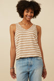 HY7294 TAUPE Womens Cable Textured Striped Knit V Neck Tank Front