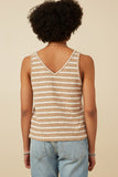 HY7294 TAUPE Womens Cable Textured Striped Knit V Neck Tank Detail