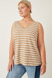 HY7294W Taupe Womens Cable Textured Striped Knit V Neck Tank Front