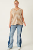 HY7294 TAUPE Womens Cable Textured Striped Knit V Neck Tank Side