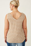 HY7294W Taupe Womens Cable Textured Striped Knit V Neck Tank Full Body