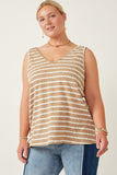 HY7294W Taupe Womens Cable Textured Striped Knit V Neck Tank Detail