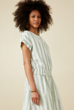 HY7306 Sage Womens Button Detail Striped Smock Hem Cropped Dolman Top Full Body