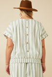 HY7306W Sage Womens Button Detail Striped Smock Hem Cropped Dolman Top Full Body