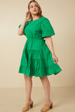 HY7309 Green Womens Bow Back Puff Sleeve Poplin Dress Gif