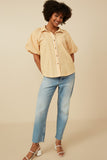 HY7314 YELLOW Womens Stirped Puff Sleeve Button Up Poplin Shirt Gif