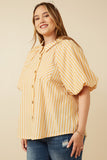 HY7314 YELLOW Womens Stirped Puff Sleeve Button Up Poplin Shirt Gif