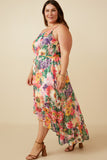 HY7321 Pink Mix Womens Vivid Floral Asymmetric Ruffle Hem Dress Full Body 2