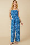 HY7331 Blue Mix Womens Ditsy Botanical Print Smocked Wide Leg Jumpsuit Full Body