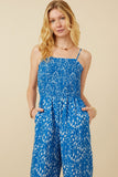 HY7331 Blue Mix Womens Ditsy Botanical Print Smocked Wide Leg Jumpsuit Gif