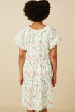 HY7336 OFF WHITE Womens Textured Floral Button Detail Bubble Sleeve Dress Detail