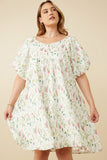HY7336W Off White Plus Textured Floral Button Detail Bubble Sleeve Dress Front
