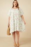 HY7336 OFF WHITE Womens Textured Floral Button Detail Bubble Sleeve Dress Full Body