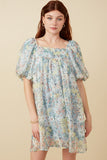 HY7346 Sage Womens Floral Organza Puff Sleeve Dress Back