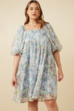 HY7346 Sage Womens Floral Organza Puff Sleeve Dress Front