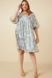 HY7346 Sage Womens Floral Organza Puff Sleeve Dress Front 2