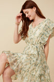 Organza Floral Bubble Ruffled V Neck Dress