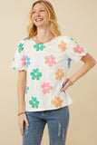 HY7364 Ivory Womens Puff Sleeve Daisy Floral Knit T Shirt Front