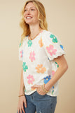 HY7364 Ivory Womens Puff Sleeve Daisy Floral Knit T Shirt Gif