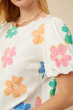 HY7364 Ivory Womens Puff Sleeve Daisy Floral Knit T Shirt Side