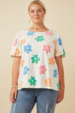 HY7364W Ivory Womens Puff Sleeve Daisy Floral Knit T Shirt Front