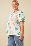 HY7364W Ivory Womens Puff Sleeve Daisy Floral Knit T Shirt Detail