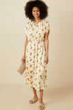 HY7371 Cream Womens Satin Floral Pleated Dolman Sleeve Dress Full Body