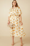 HY7371W Cream Plus Satin Floral Pleated Dolman Sleeve Dress Full Body