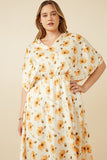 HY7371 Cream Womens Satin Floral Pleated Dolman Sleeve Dress Side