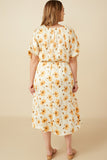 HY7371W Cream Plus Satin Floral Pleated Dolman Sleeve Dress Front