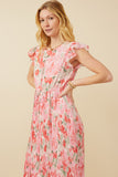 HY7374 Pink Womens Romantic Floral Ruffle Tank Pleated Skirt Dress Front