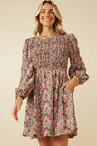 Smocked Bodice Peasant Sleeve Ditsy Floral Dress