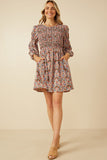 HY7411 Rust Mix Womens Smocked Bodice Peasant Sleeve Ditsy Floral Dress Gif